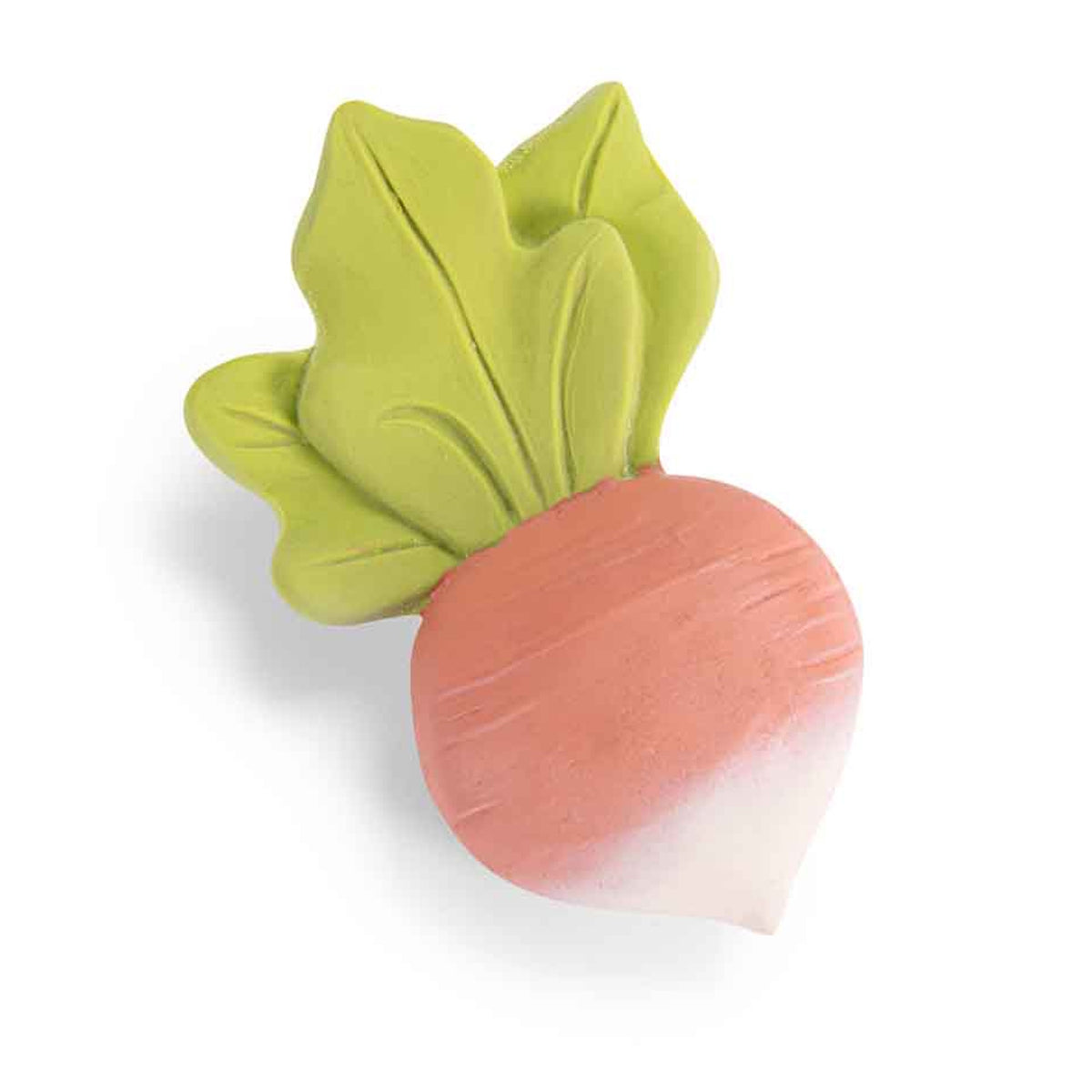 A pink and white radish-shaped baby teething toy with three green leaves on a white background.