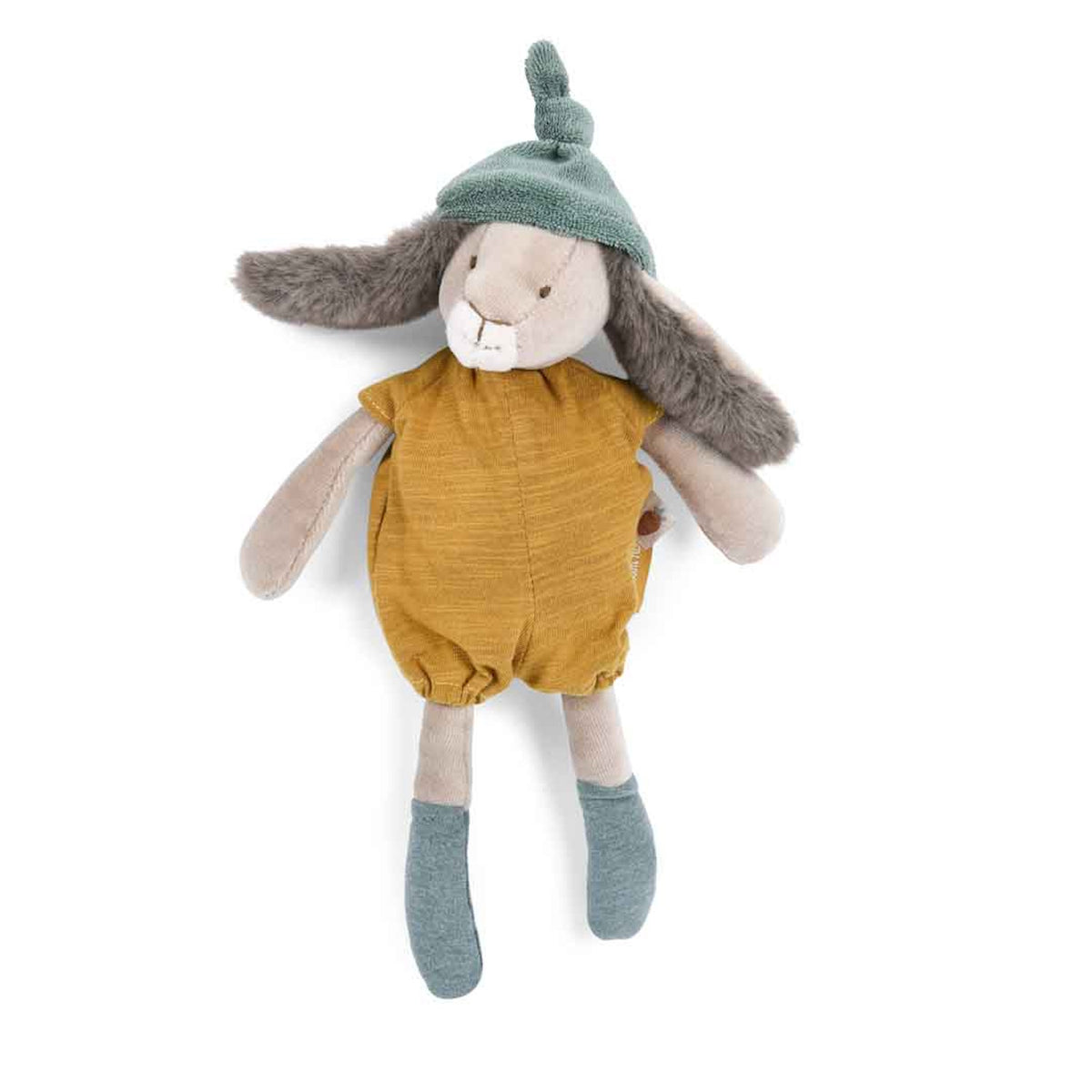 Plush rabbit toy wearing a green pointed hat, ochre yellow romper, and green socks against a white background.
