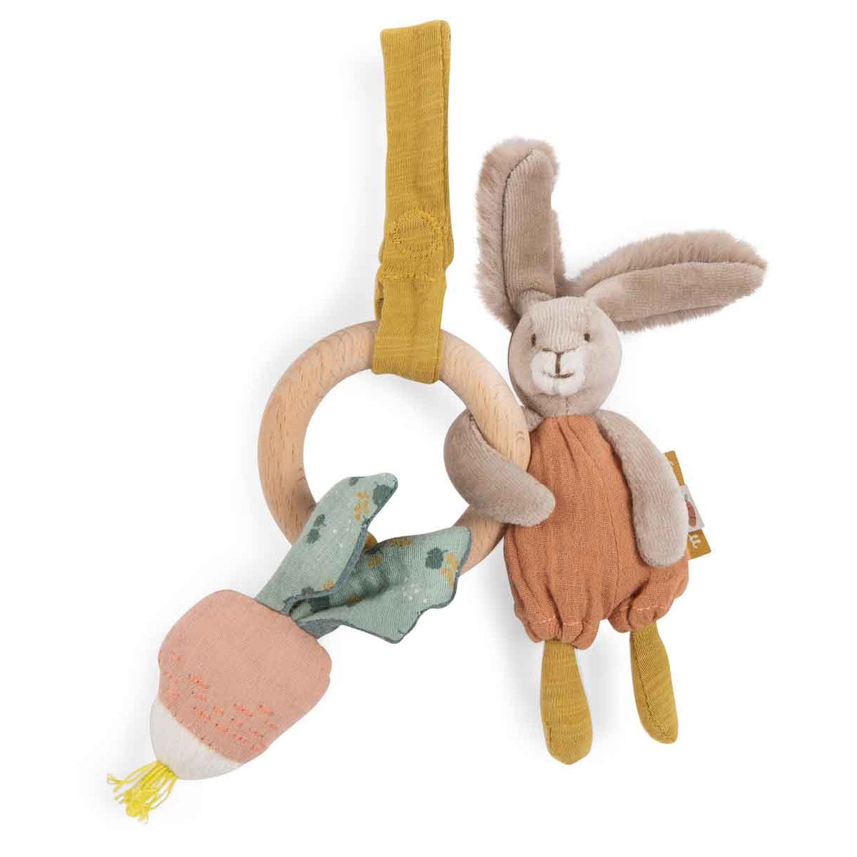 Wooden baby rattle featuring a plush rabbit and radish attached to a natural wood ring with a yellow fabric strap.