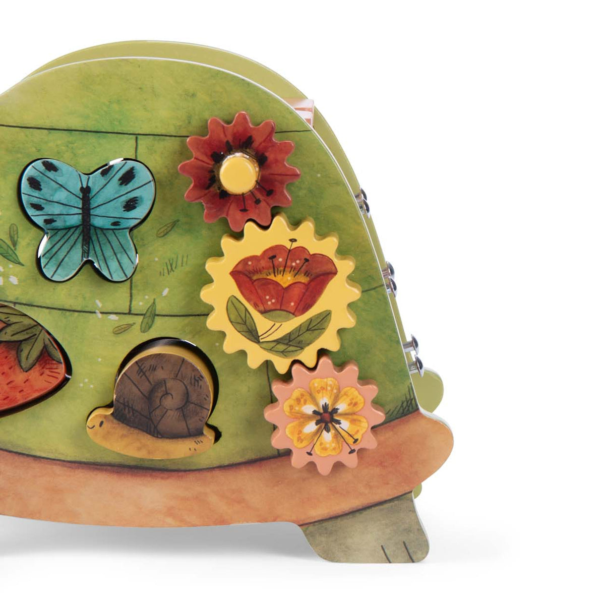 Wooden activity turtle toy with flower gears, butterfly, and snail shape sorter.