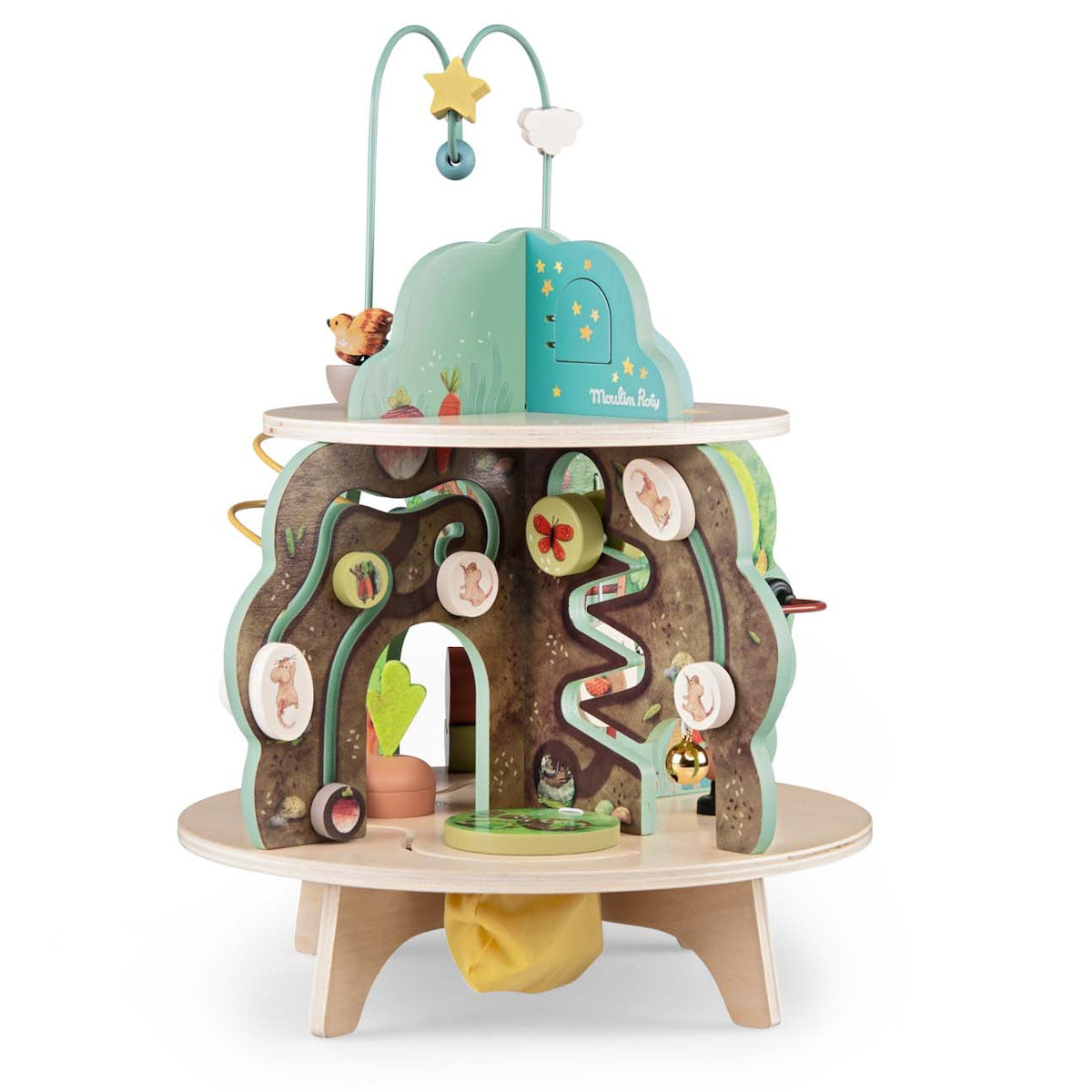 Moulin Roty wooden multi activity garden toy with shape sorter and bead maze for toddlers.