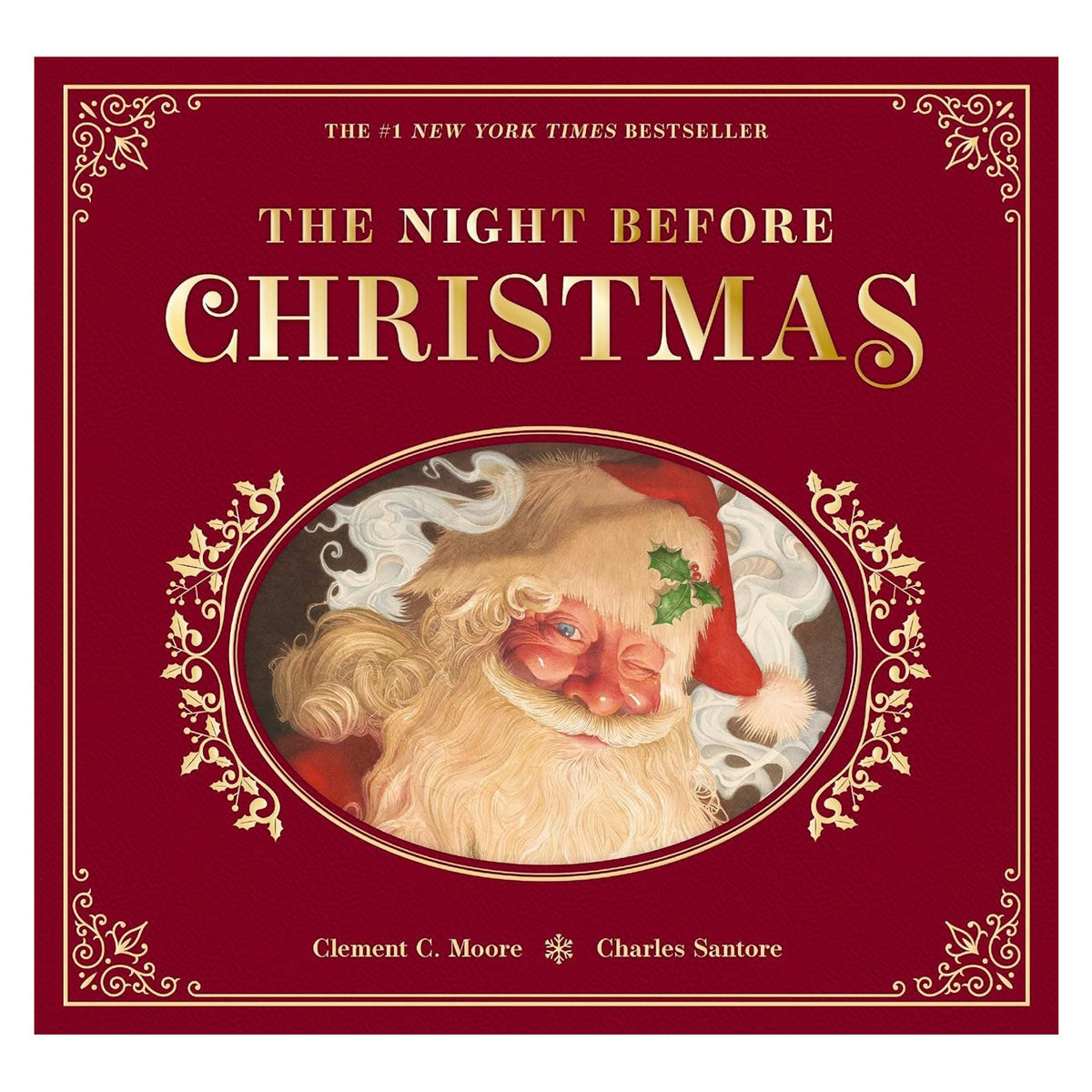 The Night Before Christmas book cover by Clement C. Moore and Charles Santore featuring a winking, classic Santa Claus.