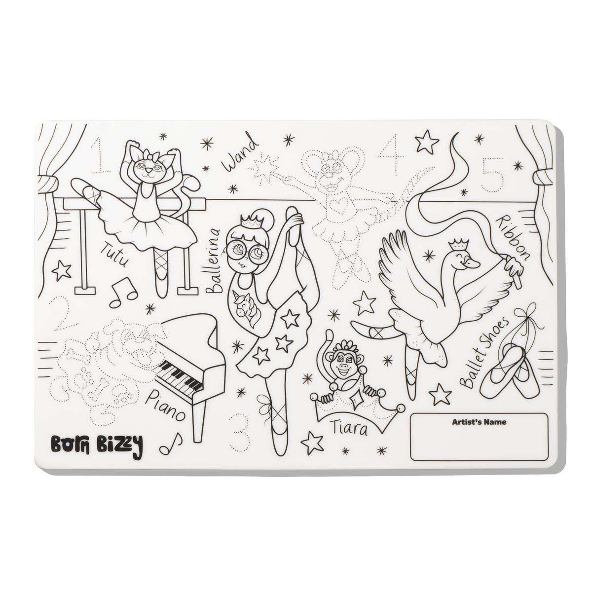 Black-and-white ballet-themed coloring mat featuring a ballerina, animals, and musical instruments.