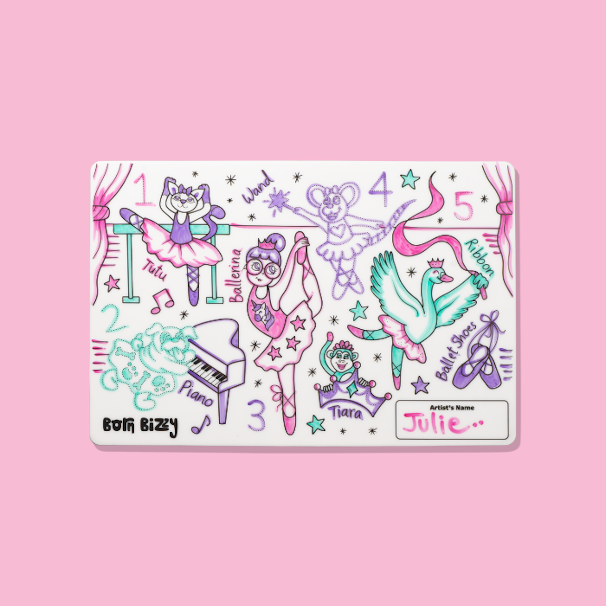 A child's ballet-themed coloring mat featuring numbers, dance terms, and characters, signed by the artist Julie.