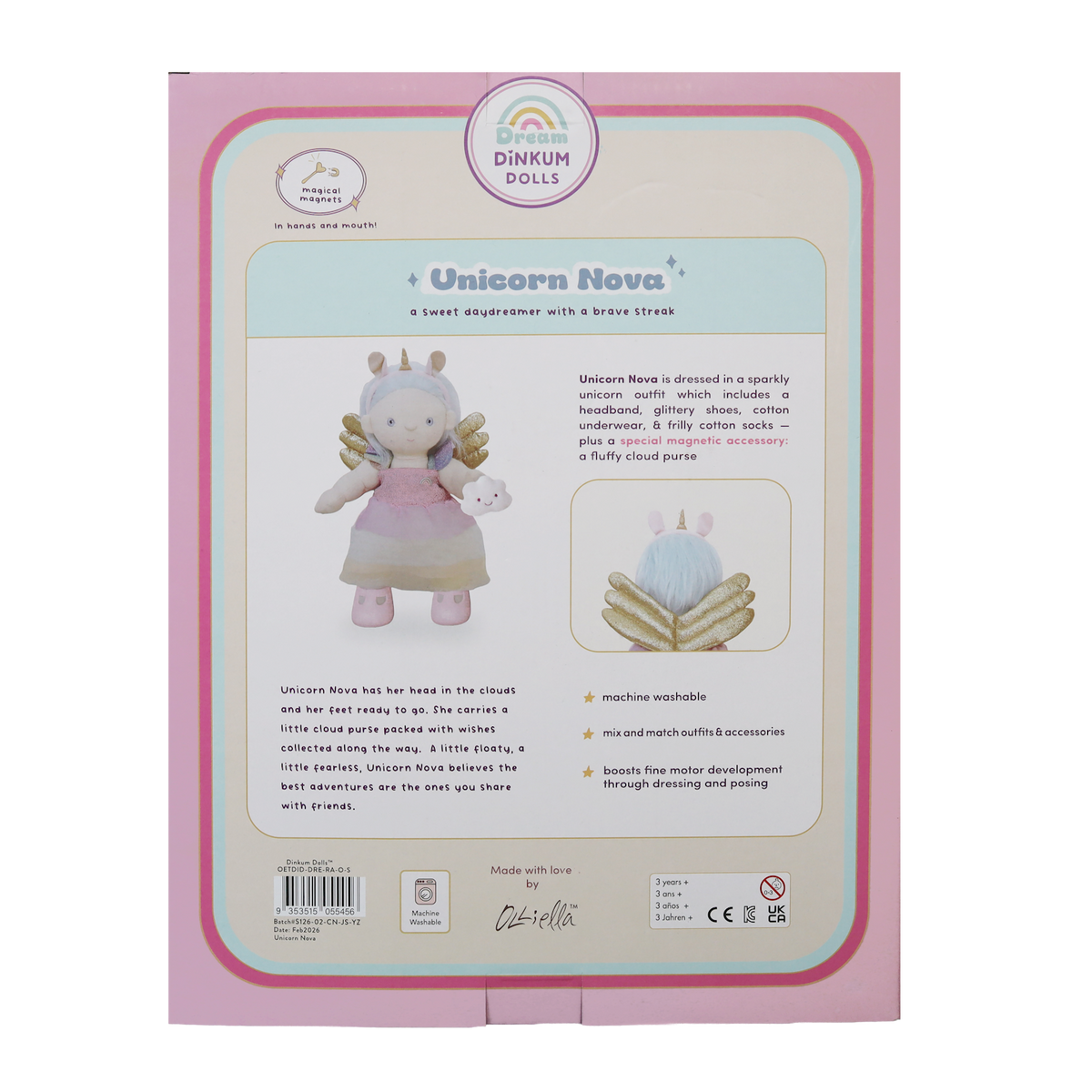 Back of Olli Ella Dream Dinkum Dolls Unicorn Nova packaging box with product features.