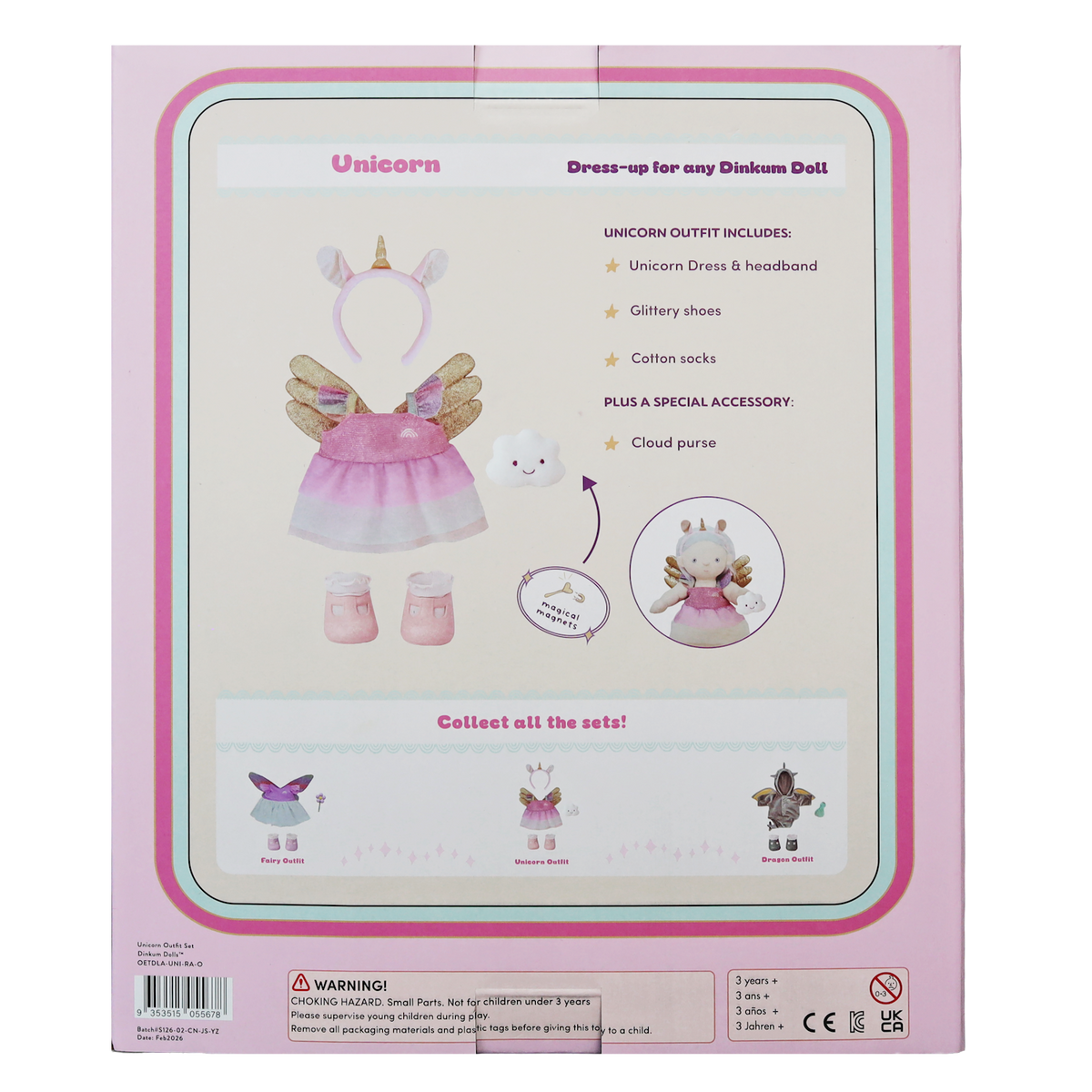 Back packaging of Olli Ella Dinkum Doll Unicorn dress-up outfit set.