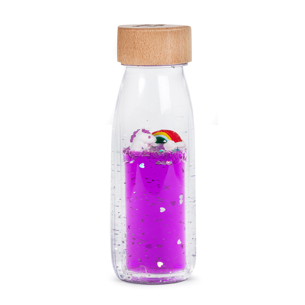 A sensory bottle filled with purple liquid, featuring two small unicorn figures and a rainbow floating inside.
