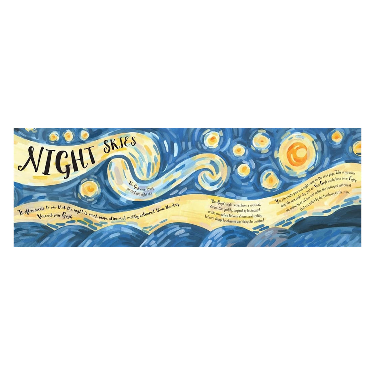 Vincent van Gogh inspired "Night Skies" book illustration featuring swirling blue patterns and golden glowing stars.