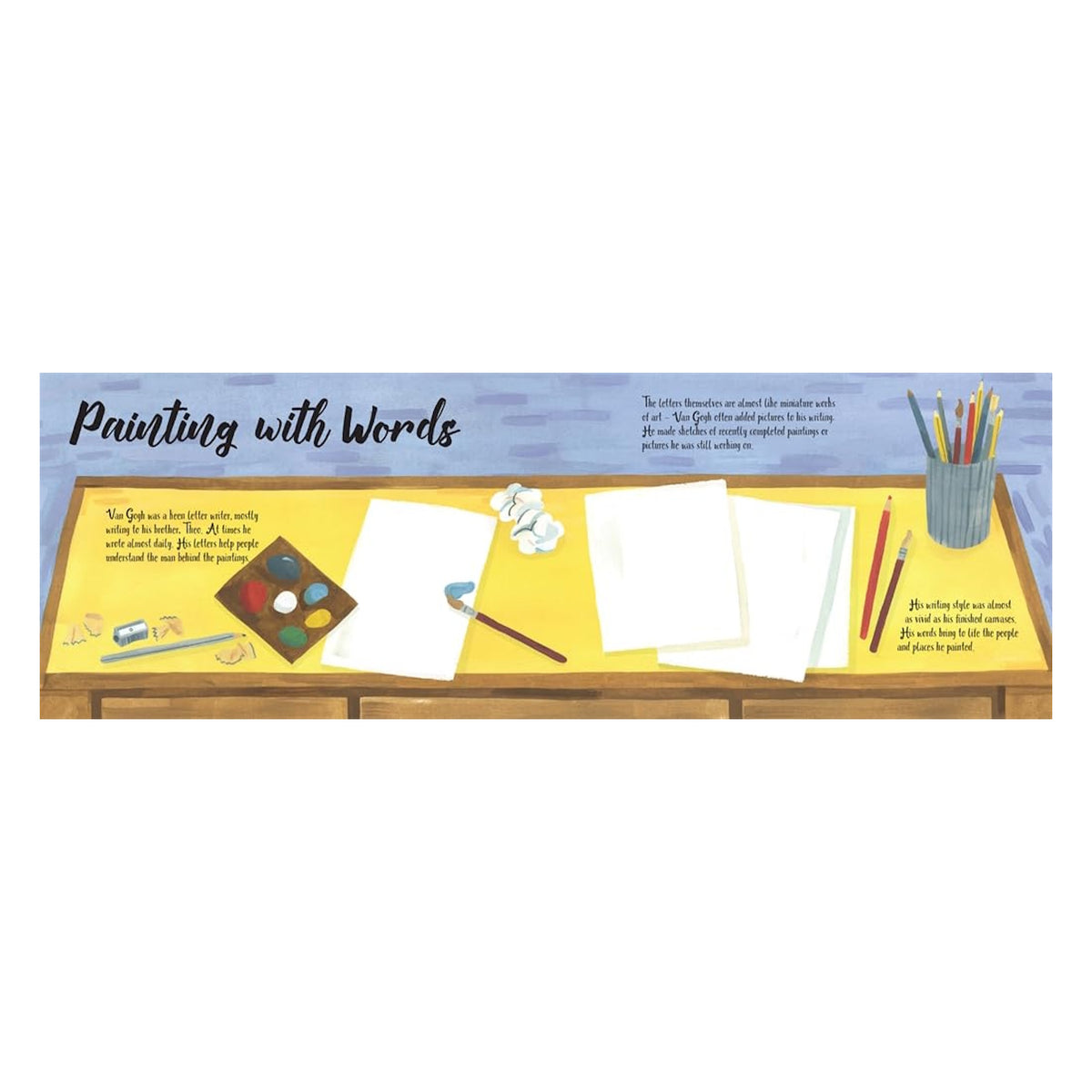 Illustration titled Painting with Words showing Van Gogh's desk with art supplies and letters.