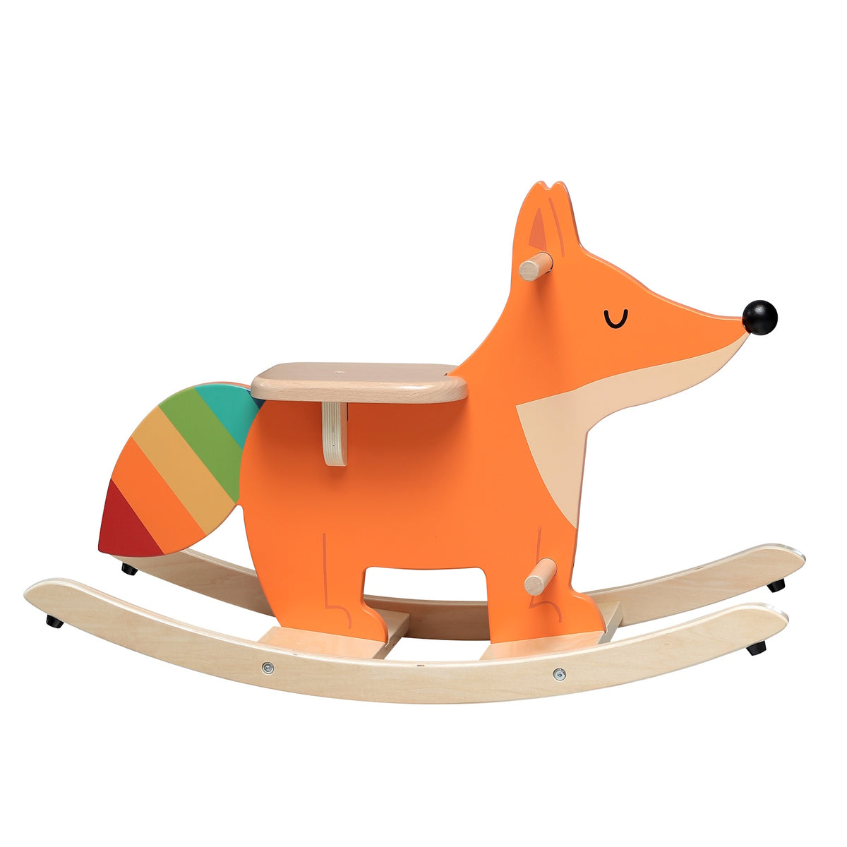 Orange wooden fox rocking horse toy for toddlers with a rainbow tail and natural wood rockers on white background.