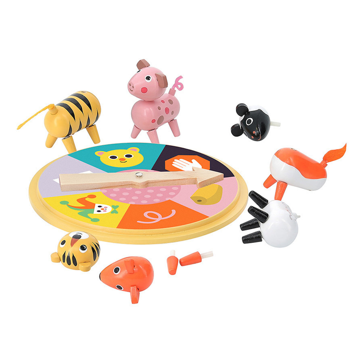 Vilac wooden animal bingo game with colorful spinner wheel and mix and match toy pieces.