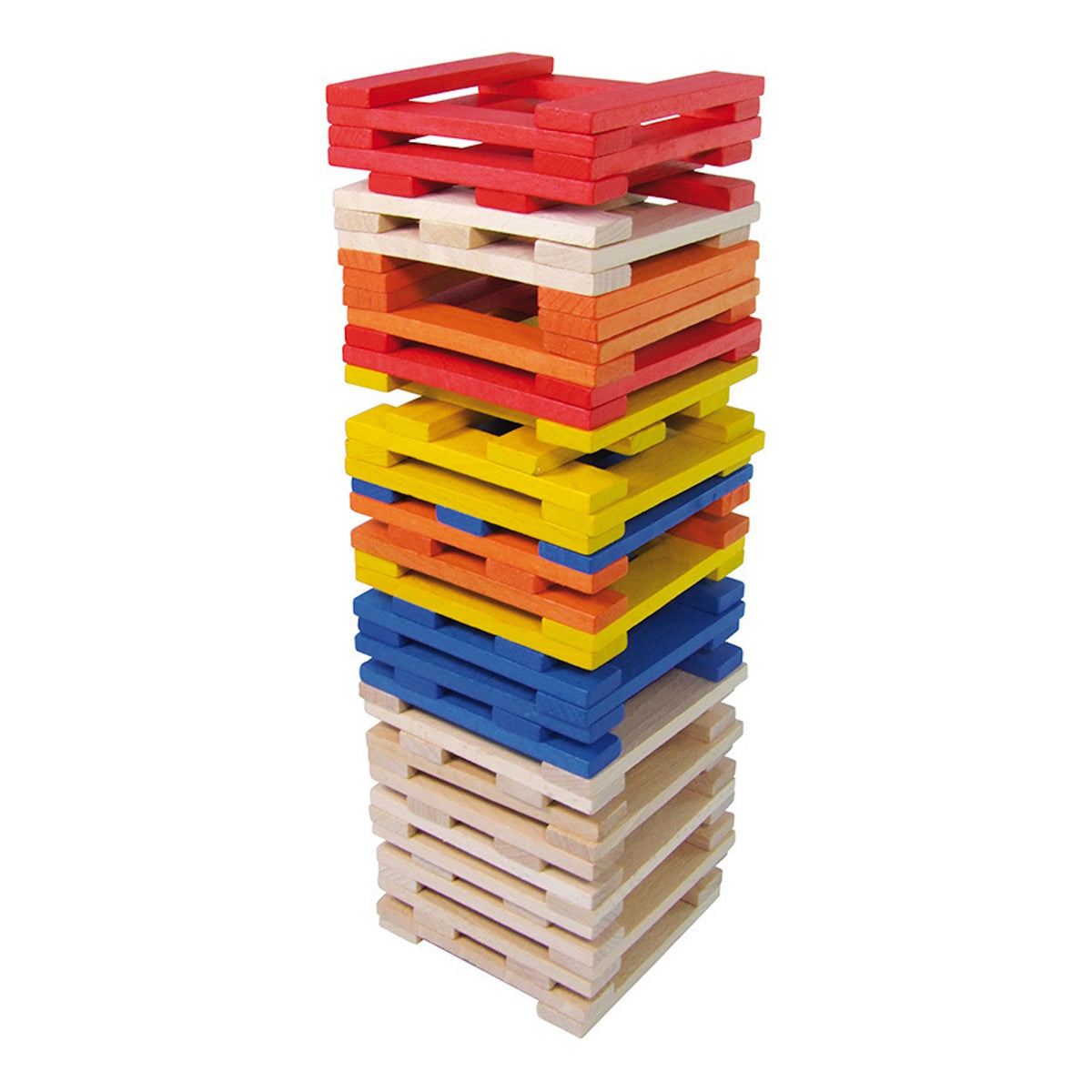 Stack of colorful Vilac Batibloc wooden building blocks arranged in a tall tower on a white background.