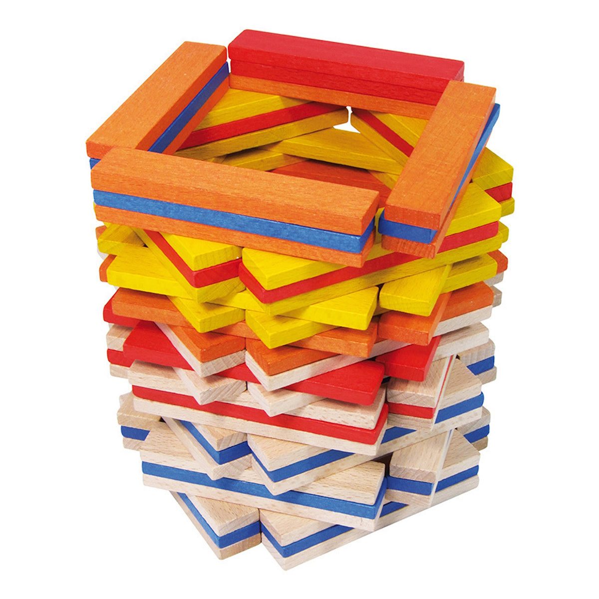 Vilac wooden Batibloc set building a colorful tower with stacked red, yellow, orange, and natural blocks.
