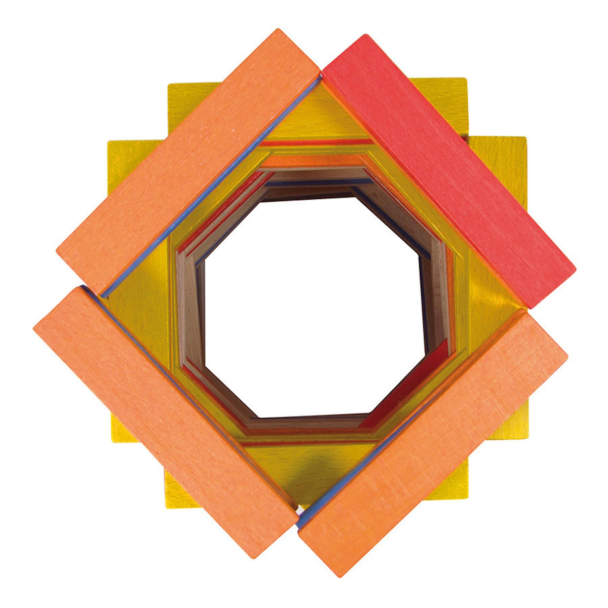 Top-down view of Vilac Batibloc wooden building planks stacked in a colorful geometric pattern.