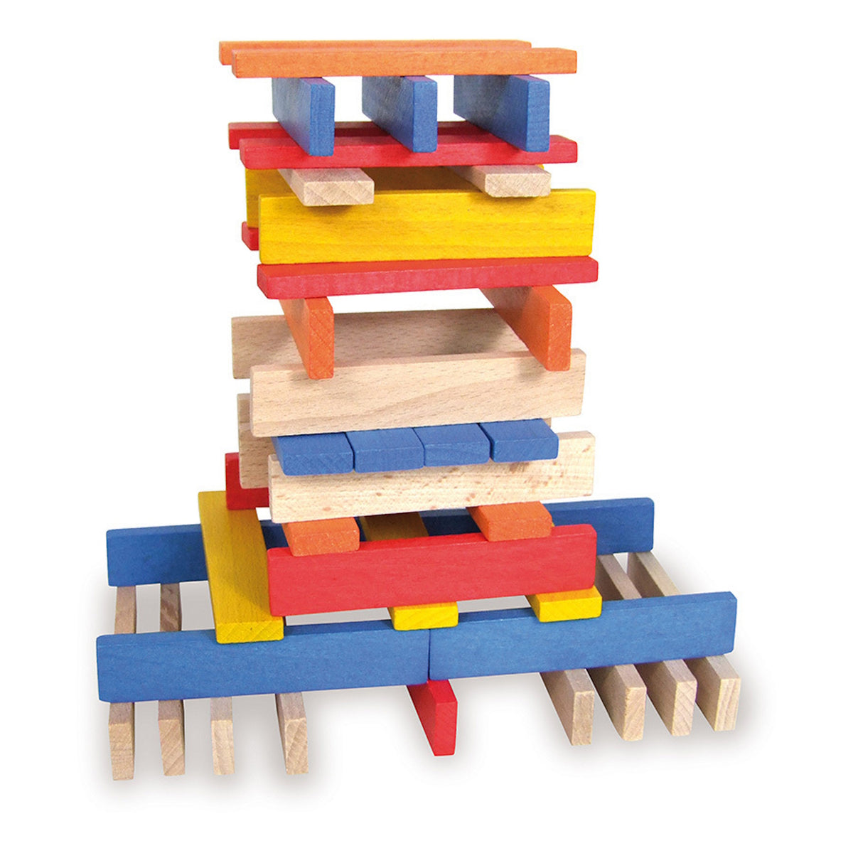 Vilac Batibloc wooden building toy set forming a colorful architectural tower with stacked planks.