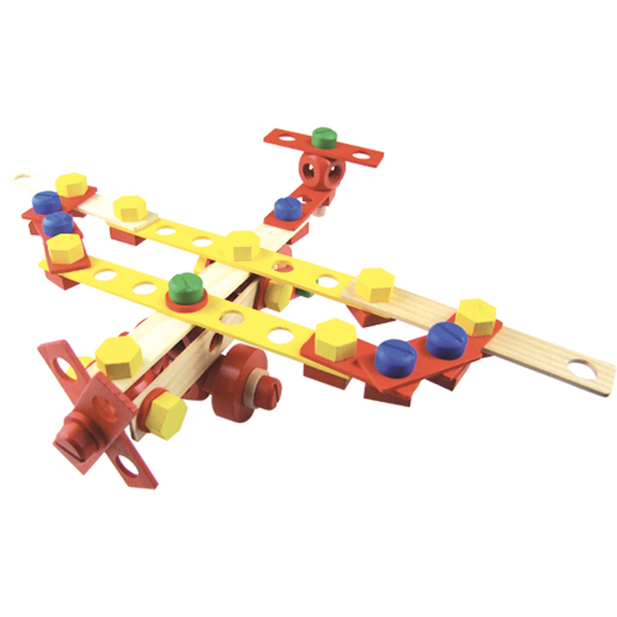 Wooden toy airplane built from a colorful Vilac Batibloc construction set with bolts and gears.