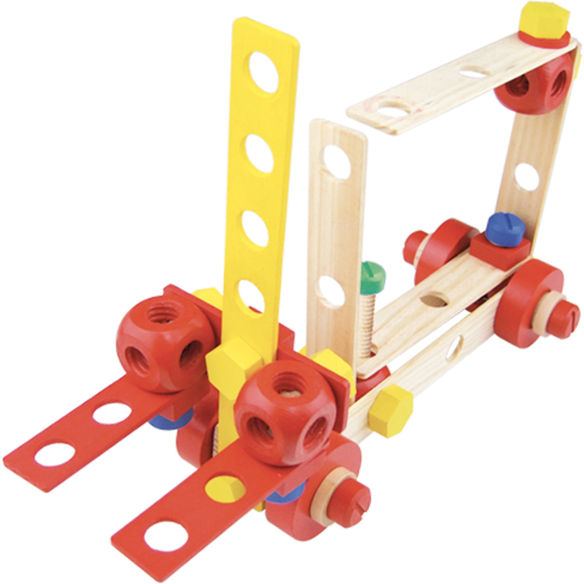 Wooden forklift construction toy made of colorful building blocks, nuts, and bolts on a white background.