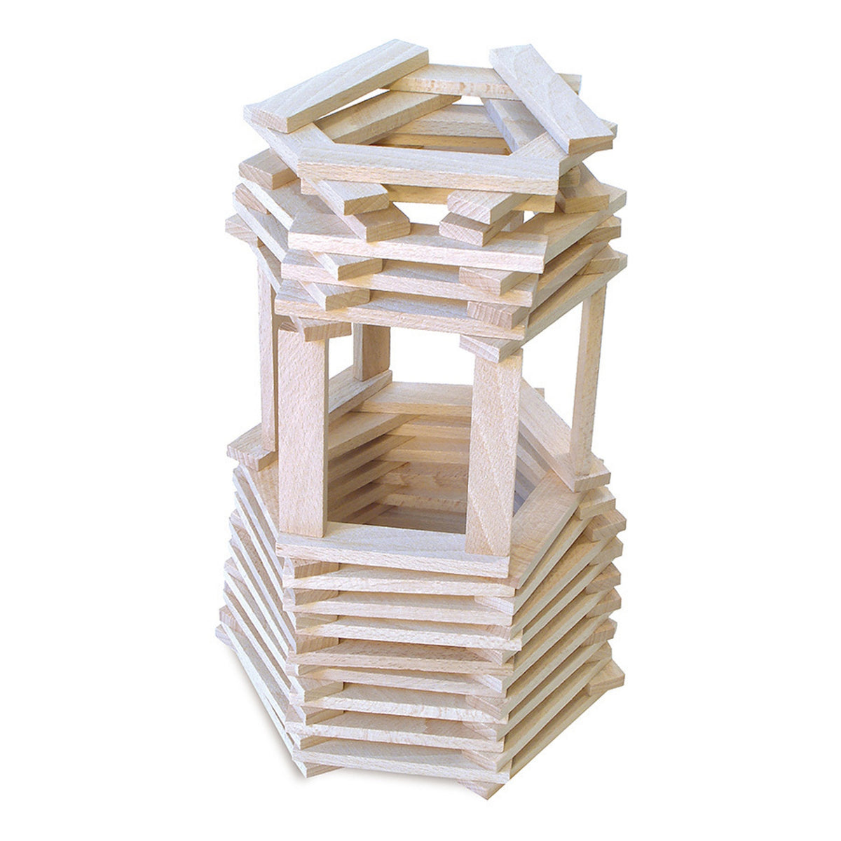 Intricate tower structure built with Vilac Batibloc natural wooden building blocks.