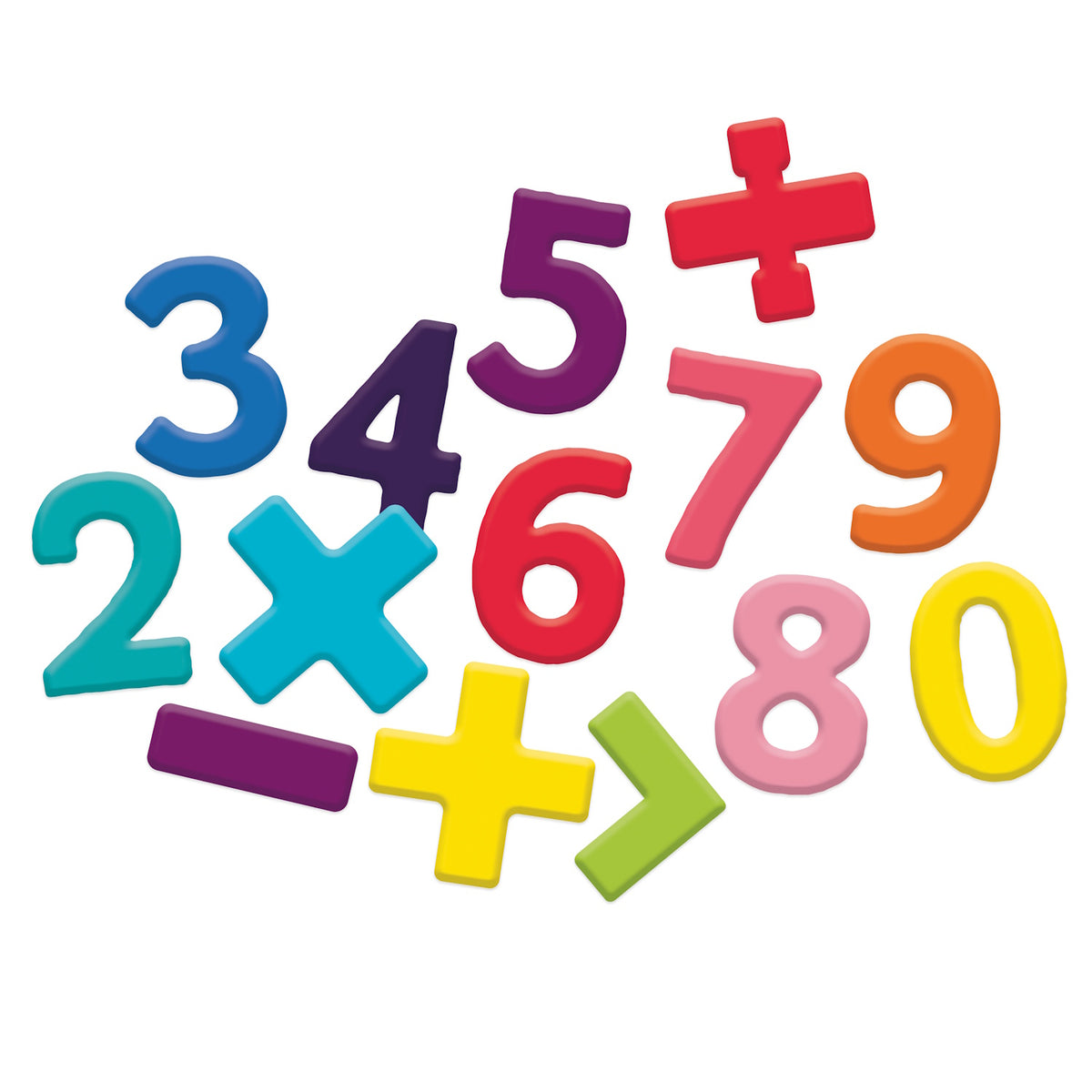 Colorful 3D plastic numbers and math symbols for kids including plus, minus, and multiply signs on a white background.