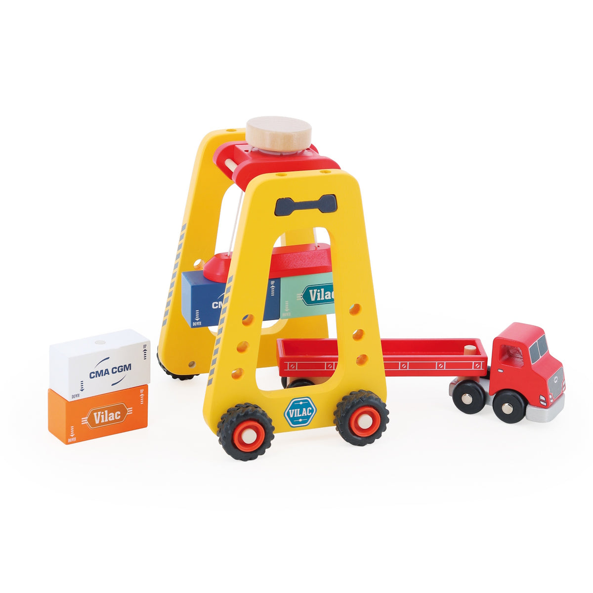 Wooden Vilac toy container crane hoisting a blue block next to a red toy truck with CMA CGM cargo blocks.
