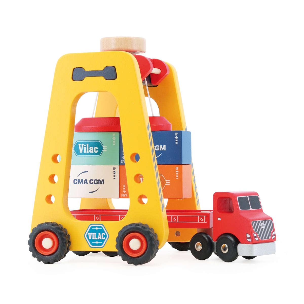 Vilac wooden container crane straddle carrier loading CMA CGM cargo blocks onto a red toy semi truck trailer.