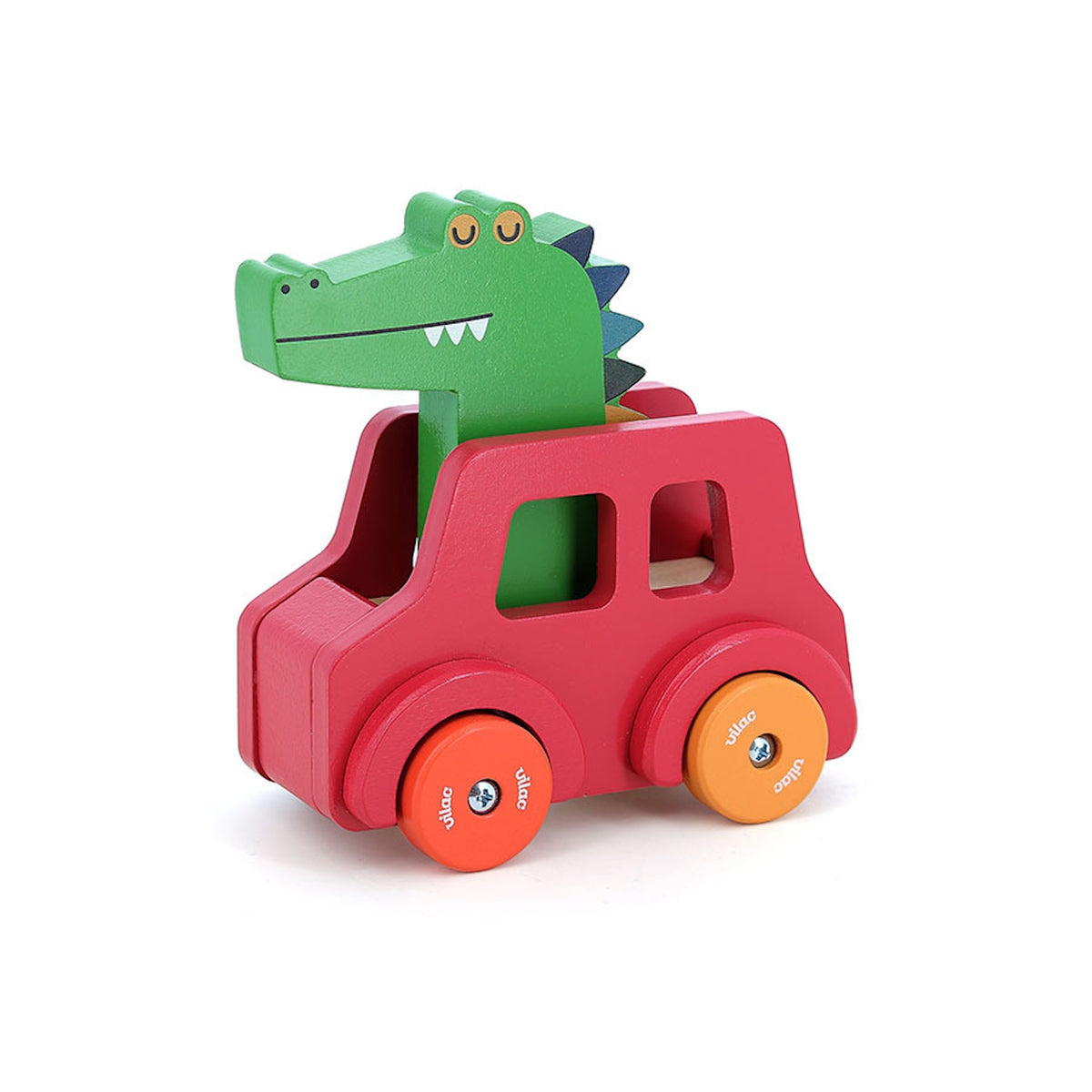 Wooden Vilac crocodile beep car toy with a green alligator driver in a red vehicle and orange wheels.