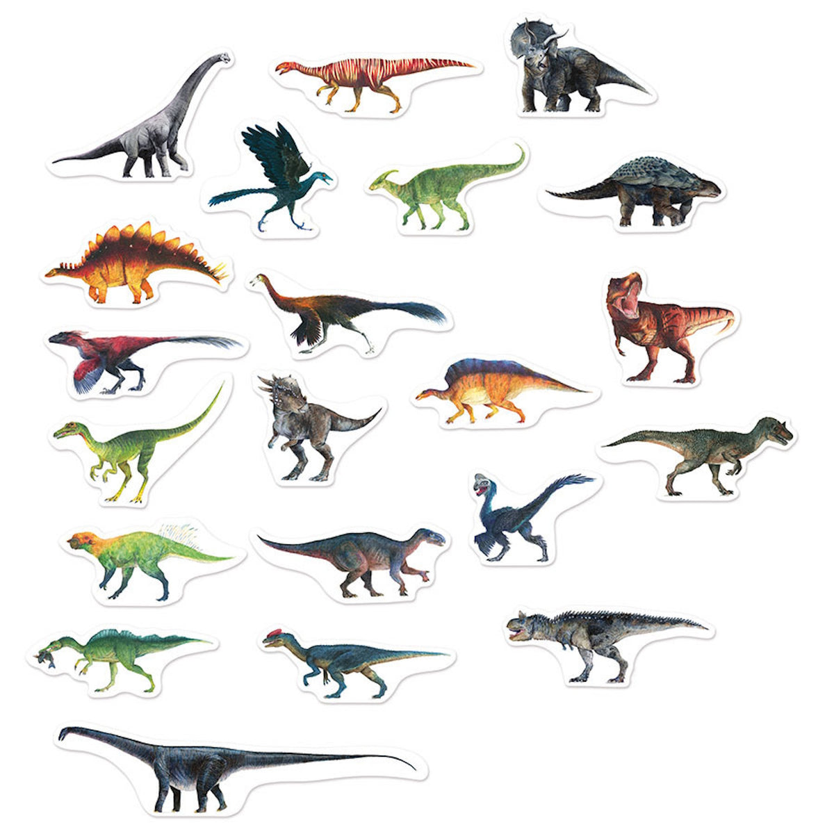 Collection of realistic dinosaur toy magnets, including T-Rex, Triceratops, and Stegosaurus on white.