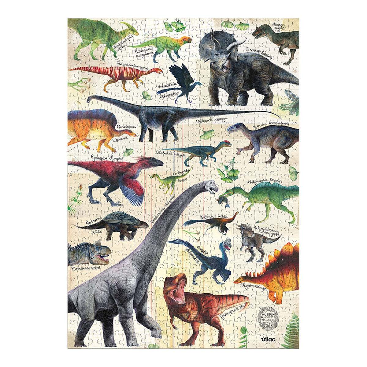 Vilac dinosaur jigsaw puzzle featuring colorful, vintage-style illustrations of prehistoric species.