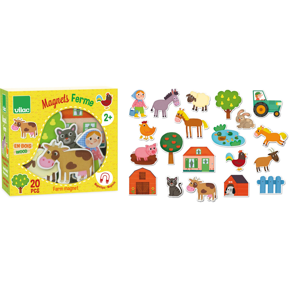 Vilac 20-piece wooden farm magnets set with box. Colorful animal, tractor, and barn illustrations for toddlers.