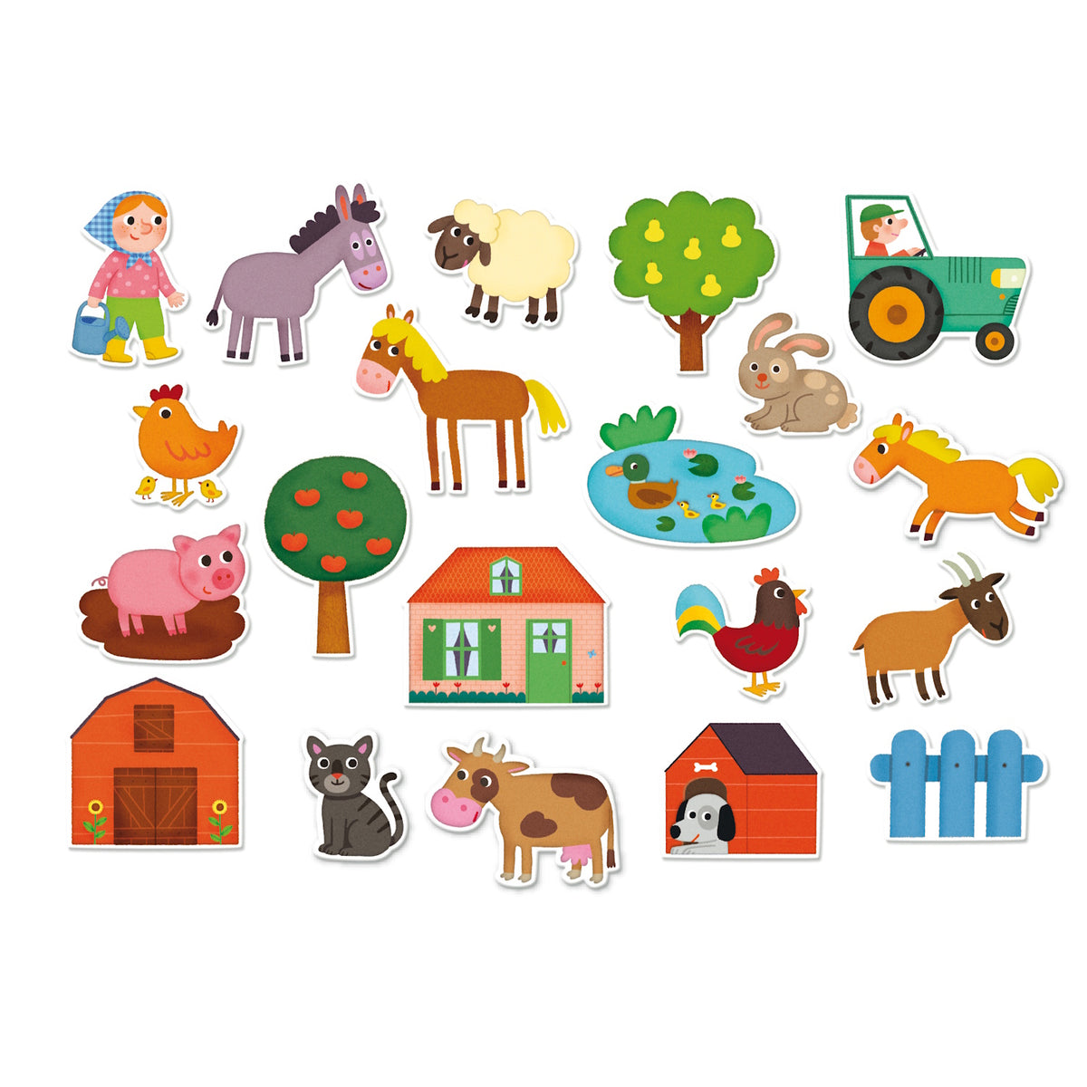 Colorful cartoon farm animal stickers including a cow, pig, horse, and barn for kids' educational crafts and activities.