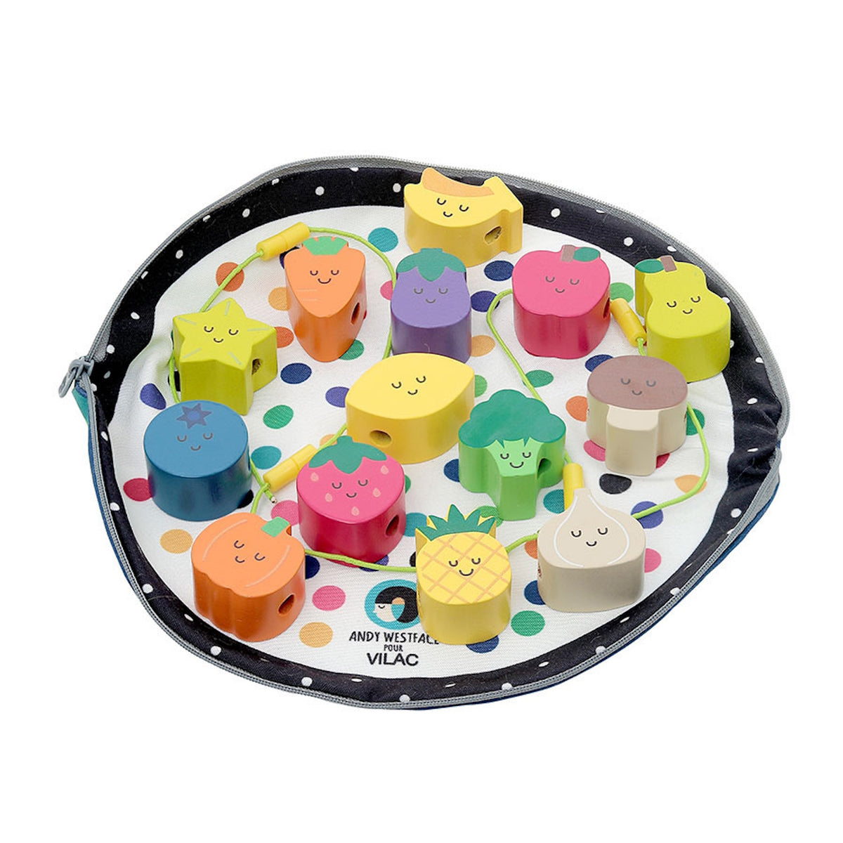 Vilac wooden fruit and vegetable lacing beads with cute smiley faces on a colorful polka dot storage bag.