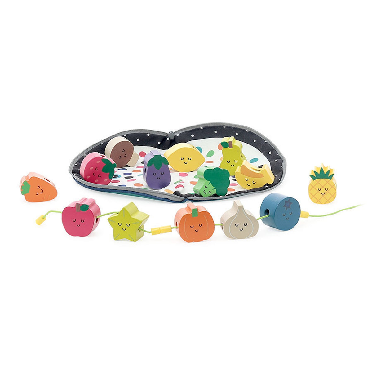 Wooden fruit and vegetable lacing beads threaded on a string with an open patterned storage bag.