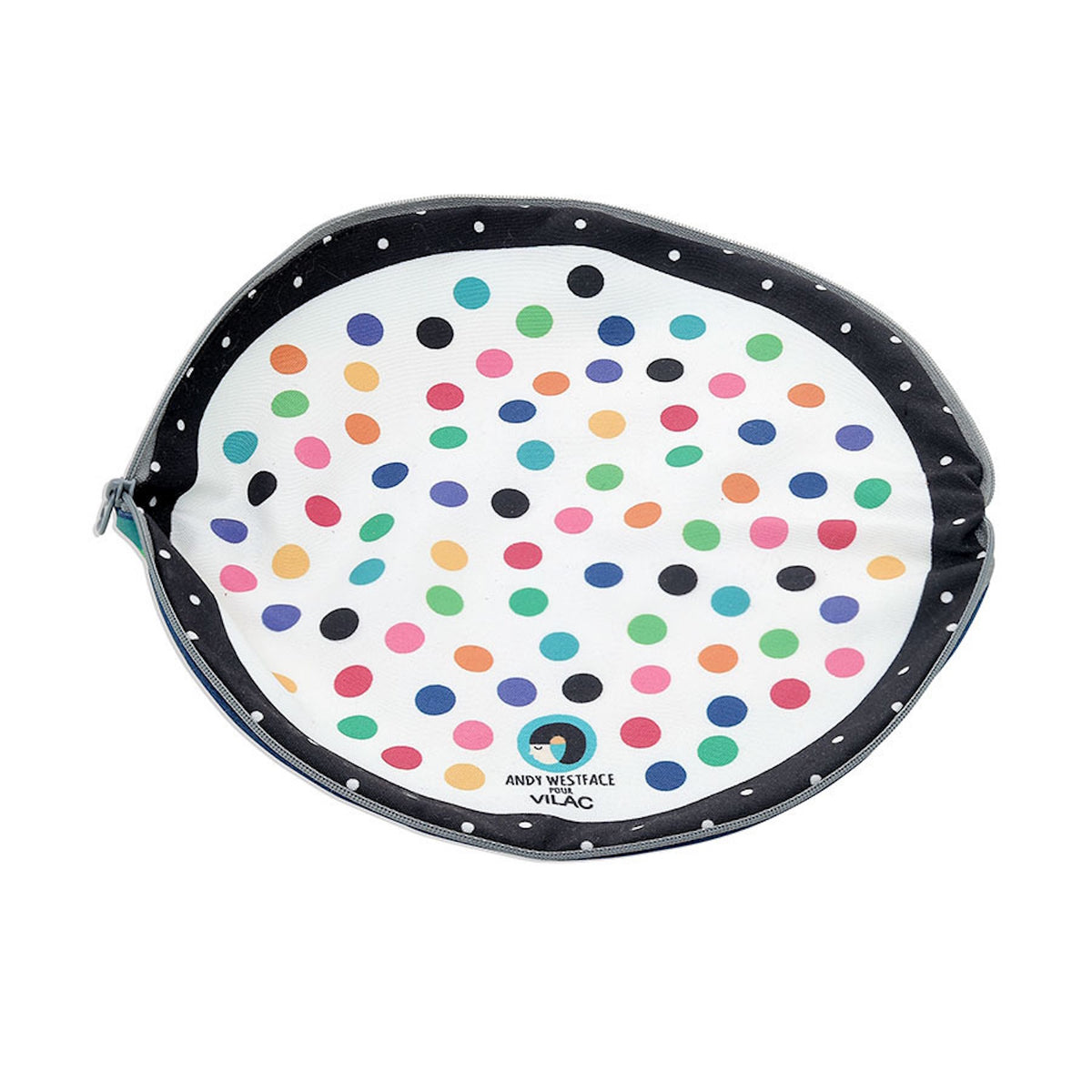 Open Vilac toy storage pouch featuring a colorful polka dot lining designed by Andy Westface.