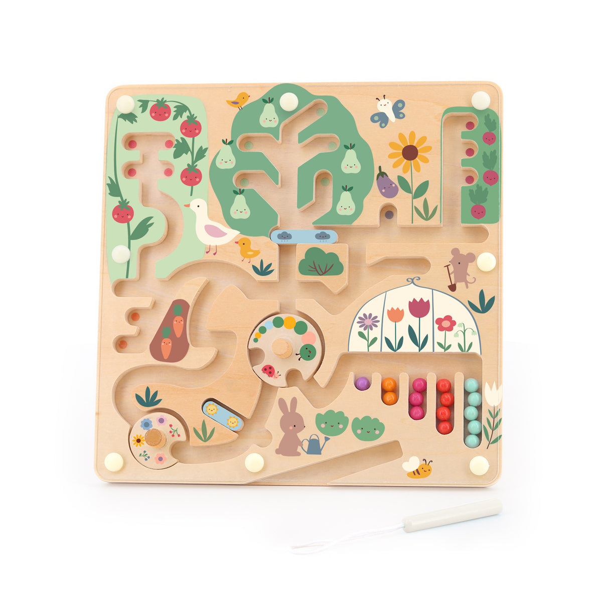 Vilac wooden garden magnetic maze toy with colorful beads and animal illustrations on white background.