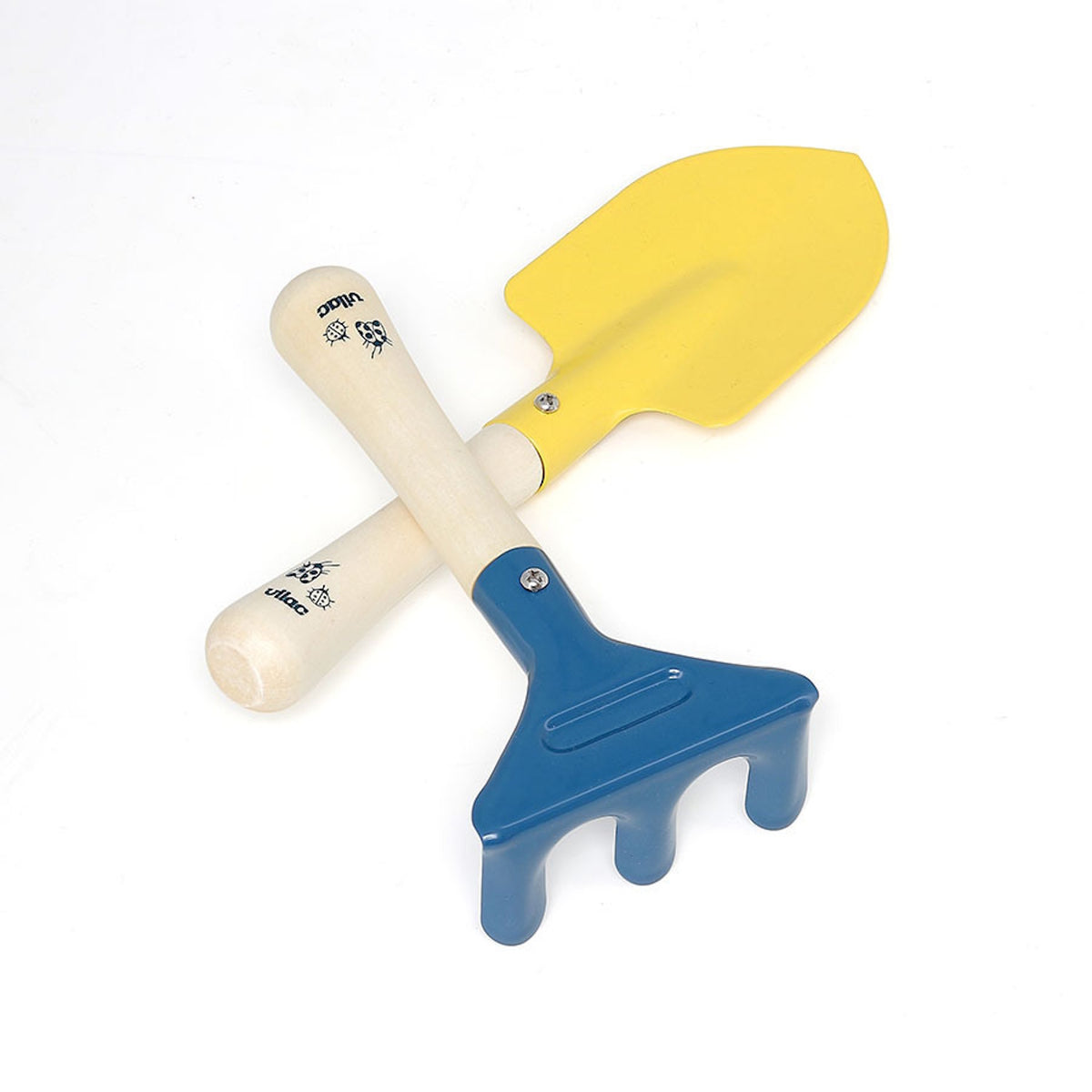 Vilac children's gardening toy set with a yellow metal trowel shovel and a blue hand rake on wooden handles.