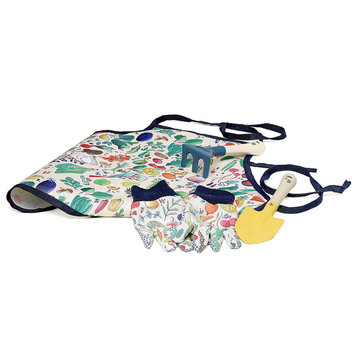 Vilac kids gardening set with a colorful vegetable-print apron, patterned gloves, yellow trowel, and rake.