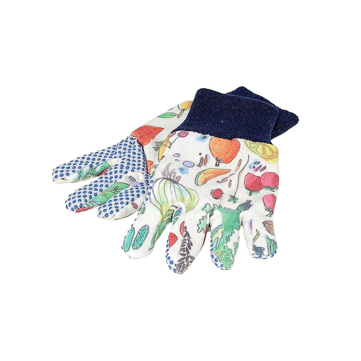Vilac kids gardening gloves with colorful fruit and vegetable print, blue cuffs, and gripped palms.