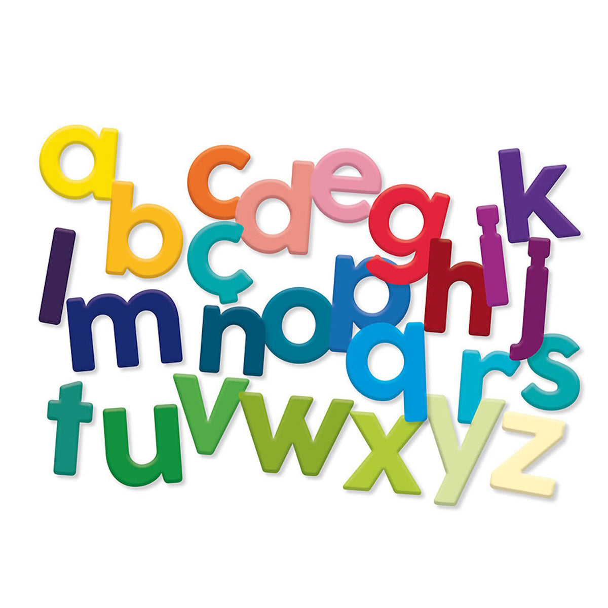 Colorful lowercase magnetic letters from a to z arranged in a jumbled alphabet on a white background.
