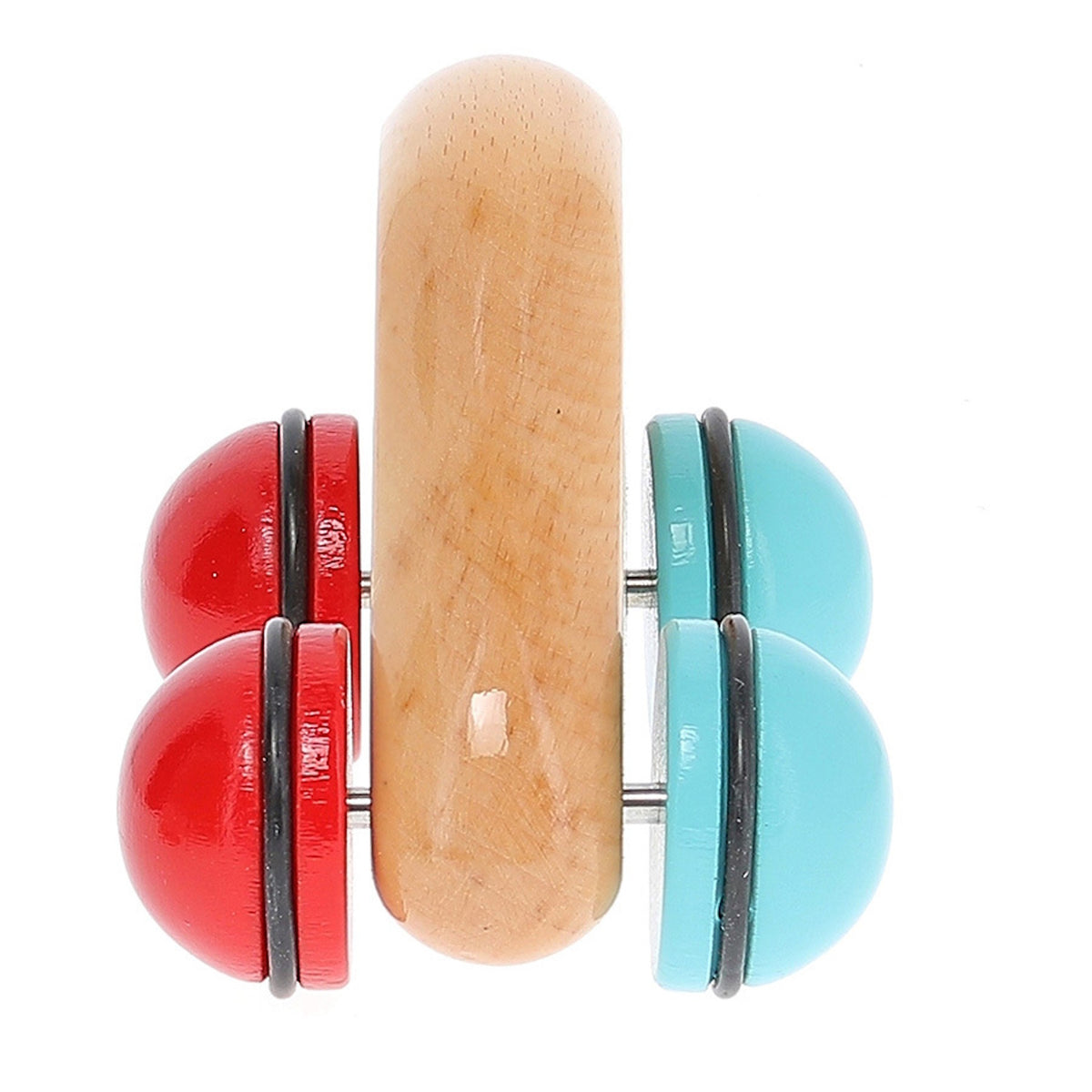 Vilac wooden baby car toy with a natural wood handle grip, red wheels on the left, and blue wheels on the right.