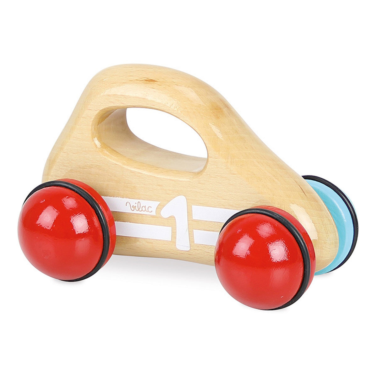 Vilac natural wooden baby toy car with a built-in handle, red and blue wheels, and a white number 1 decal.