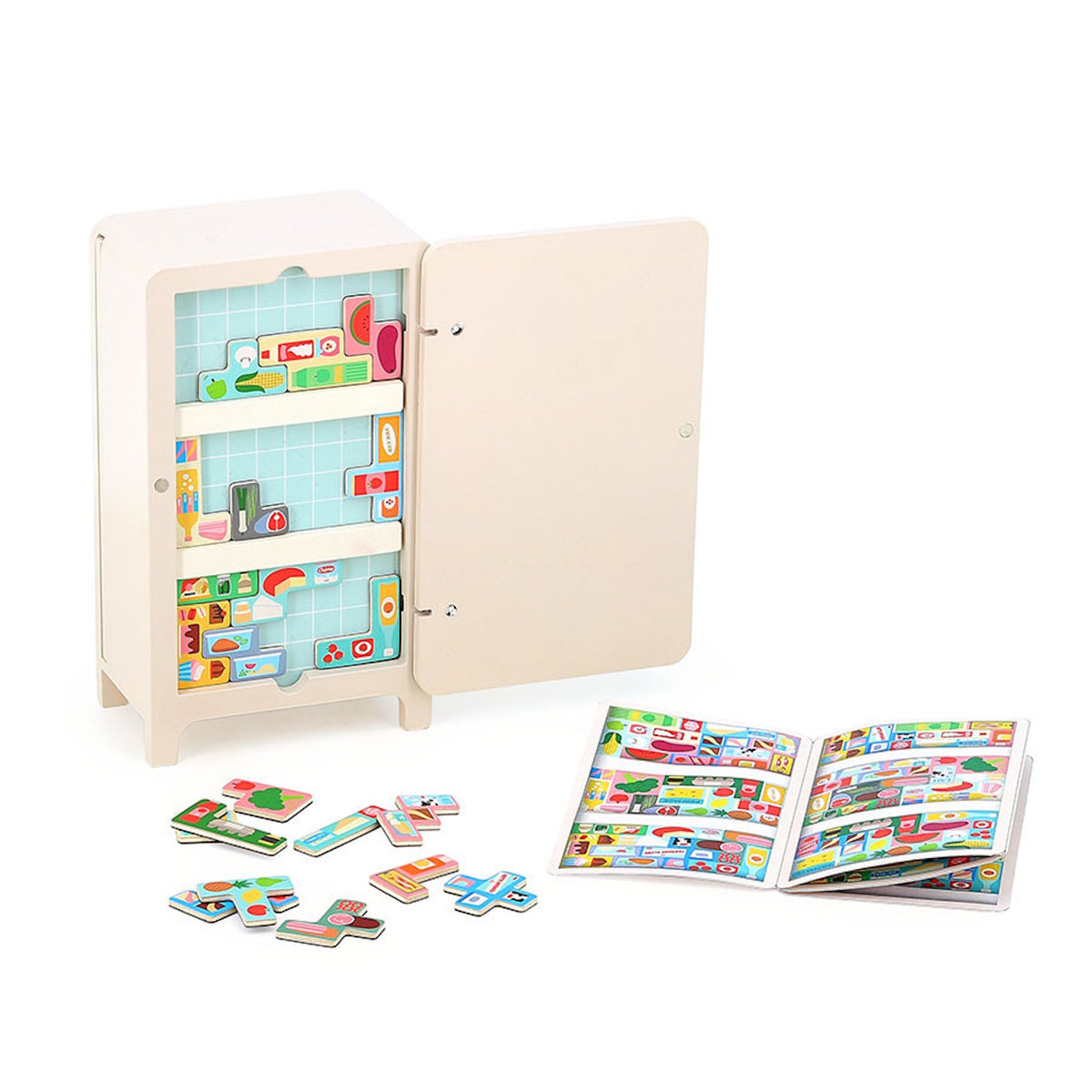Vilac wooden fridge puzzle toy with colorful food blocks and challenge booklet.