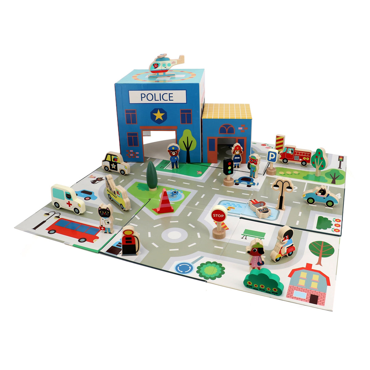 Vilac wooden police station play set with toy cars, helicopter, and animal figures on a road map mat.