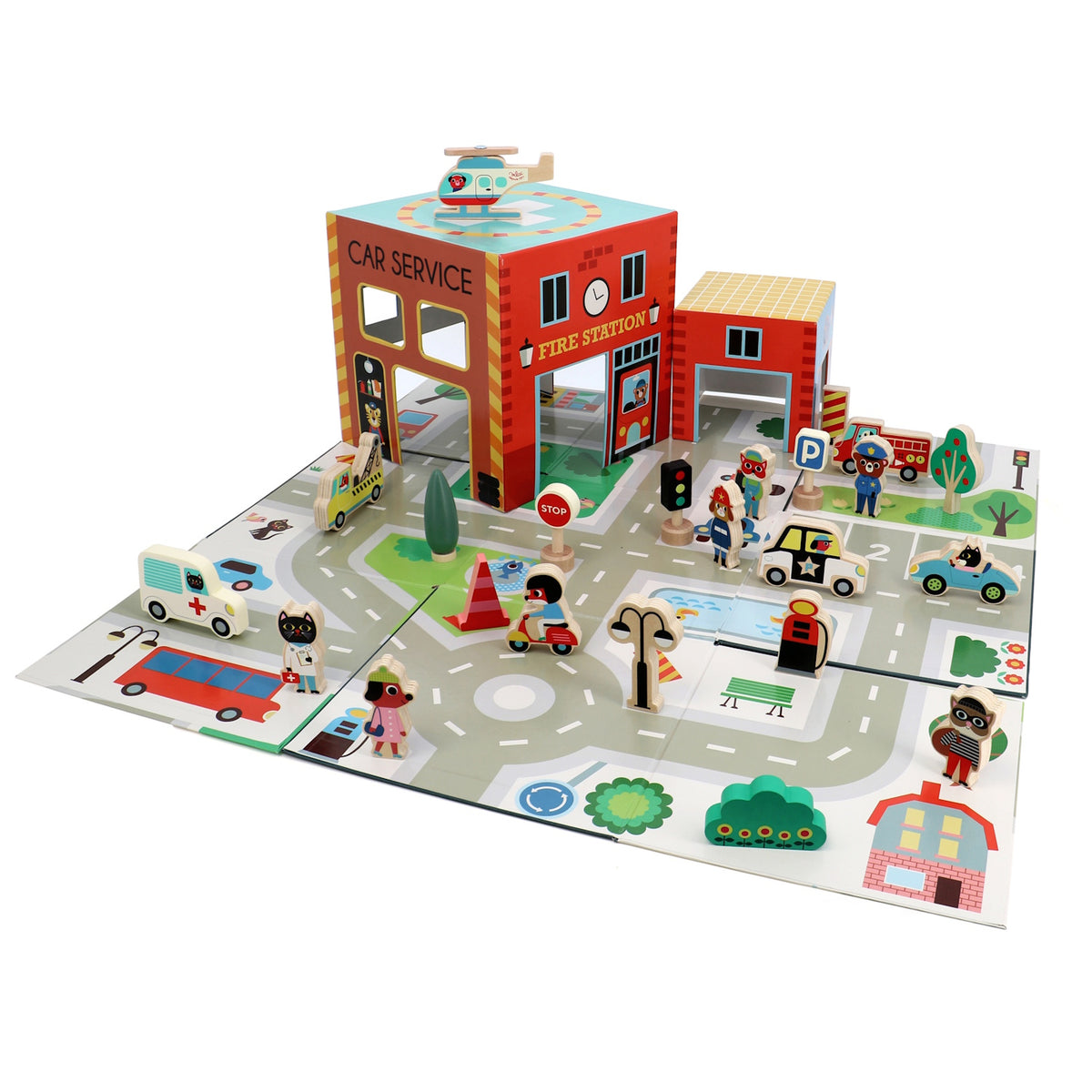 Vilac wooden pop-up rescue play set with fire station, vehicles, and animal character figures on a playmat.