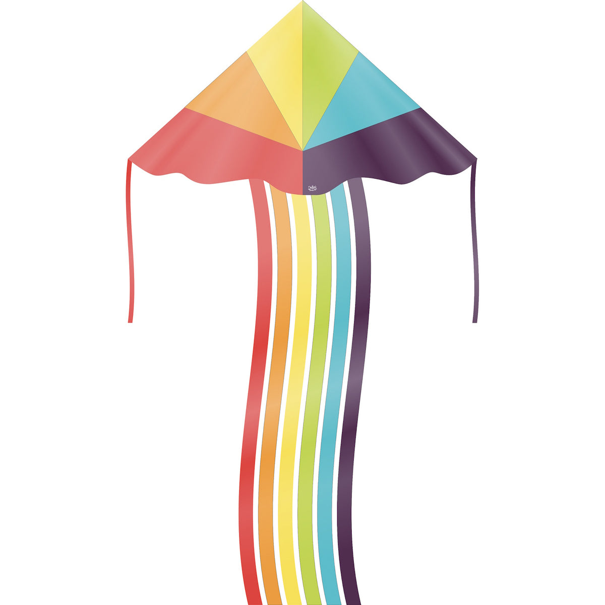 Colorful rainbow Vilac toy kite with long streaming ribbons on a white background.