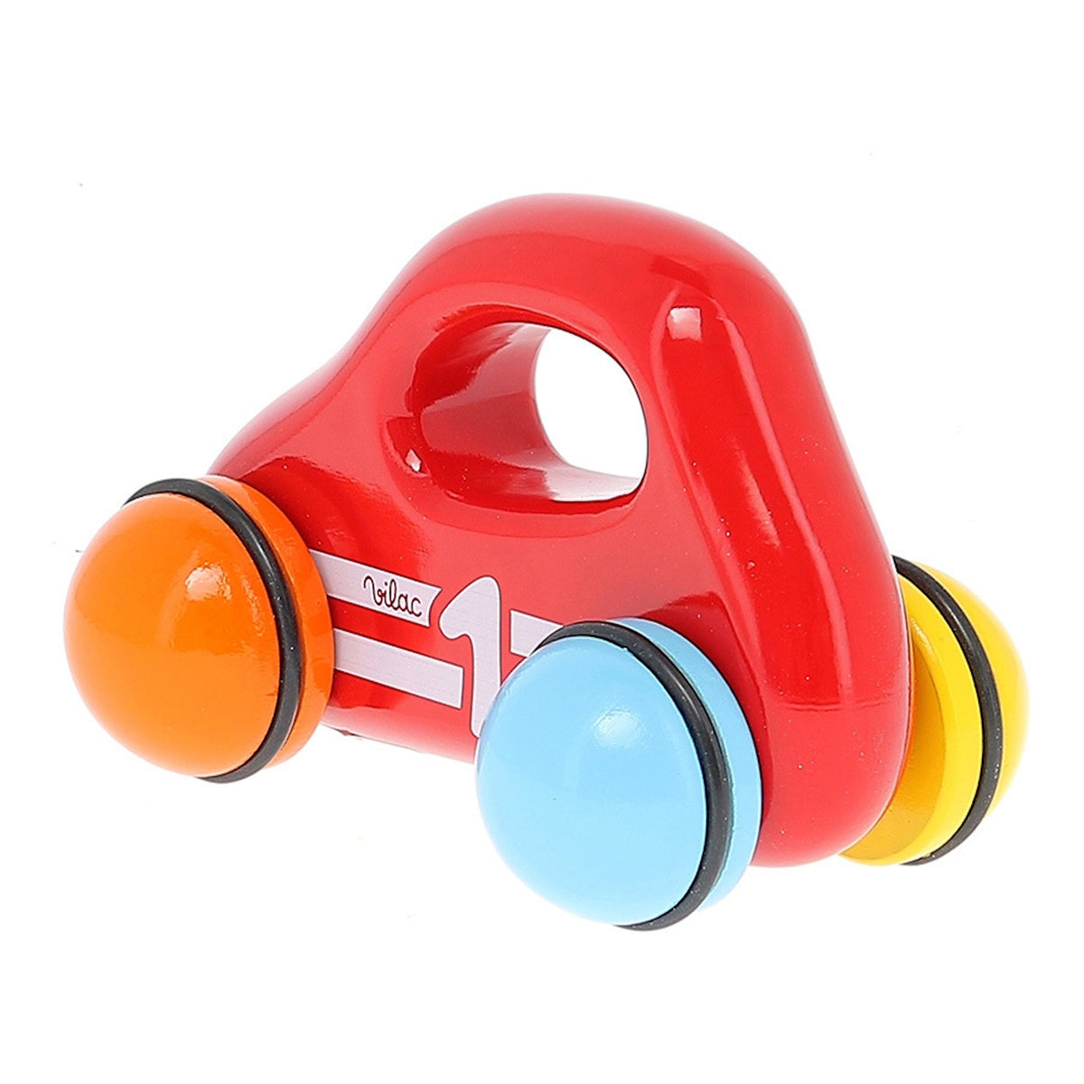 Vilac red wooden baby car with a handle grip, racing number one, and colorful wheels on a white background.