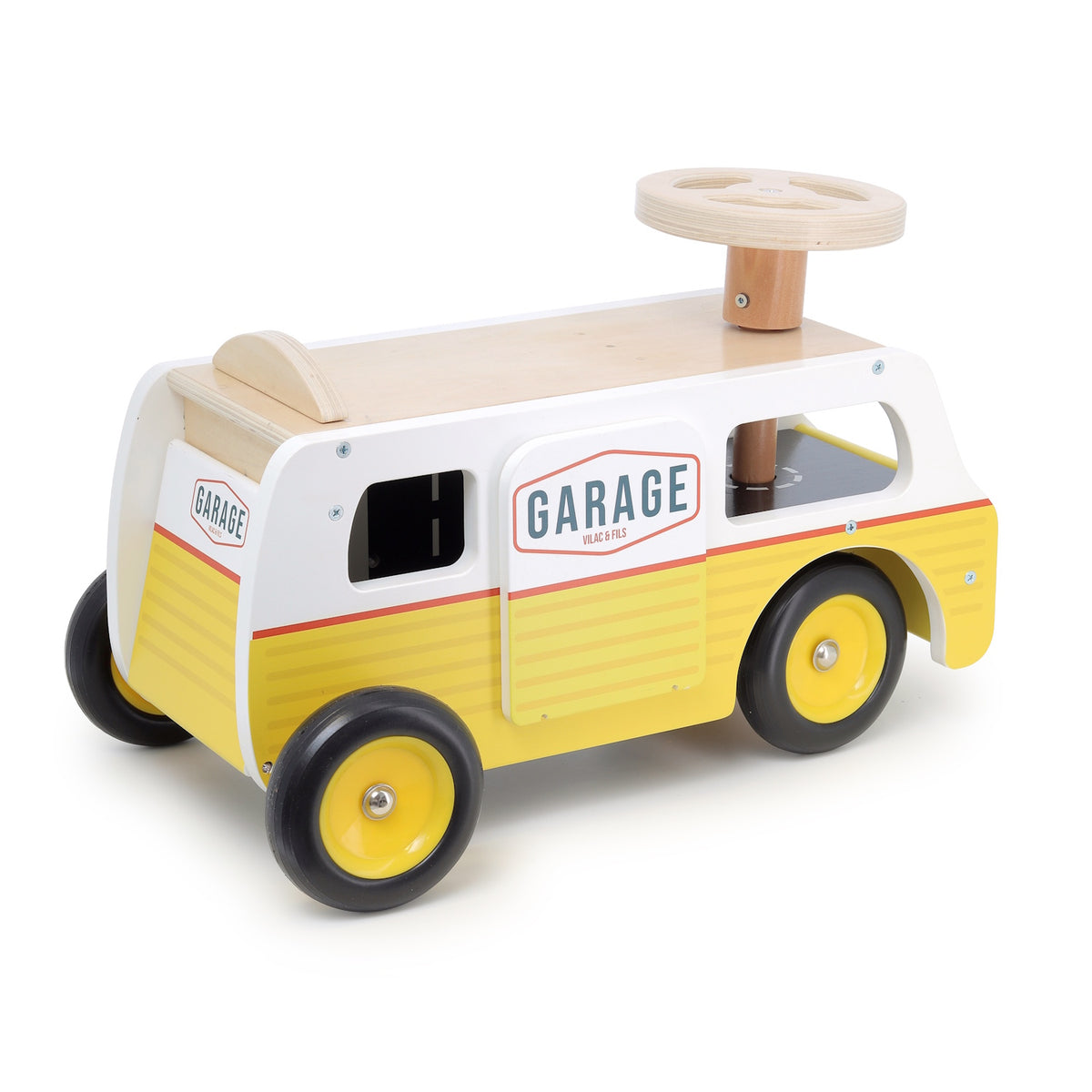 Vilac wooden ride-on van toy in yellow and white with steering wheel and "Garage" logo.