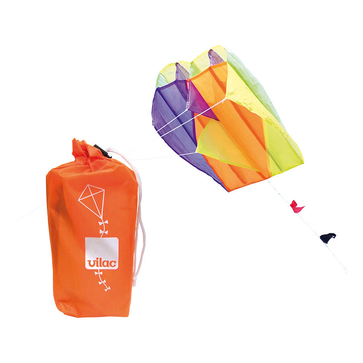 Vilac colorful pocket kite toy next to its orange drawstring storage bag on a white background.