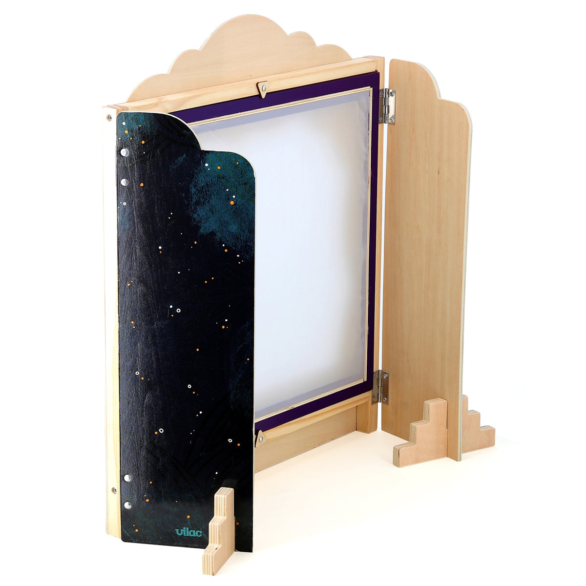 Vilac wooden tabletop shadow puppet theater with a white screen, dark starry side panel, and support stands.