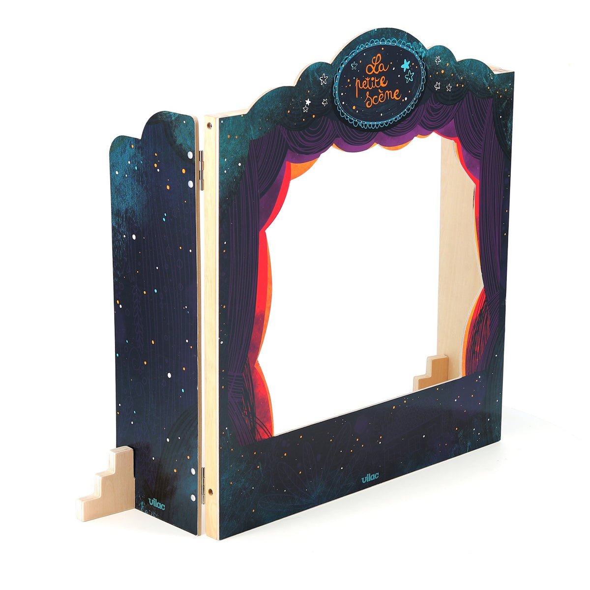 Vilac wooden tabletop shadow theater La Petite Scene with starry night illustrations and purple curtains.