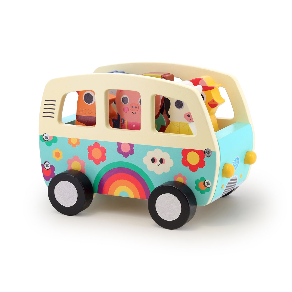 Wooden camper van toy with colorful flowers, rainbow, and cute animal passengers looking out the windows.